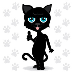 Black cat with blue eyes standing. It made wonderfully symbolic hands. White background with gray cat footprints. clipart graphic for online or print..