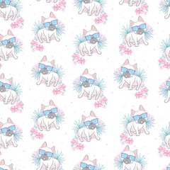 Seamless pattern with a black and white Cartoon French Bulldog puppies in a glasses on a pink background. Vector illustration.