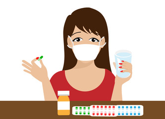 Sick woman wearing face mask holding glass of water and taking medicine pills. Vector Illustration. Isolated on white background. Idea for sickness, medical, healthcare and pharmaceutical concept.