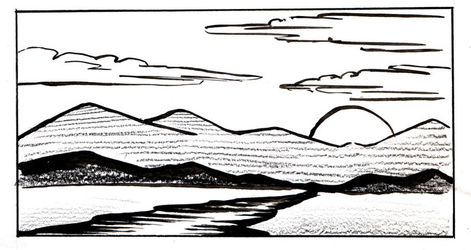 Black and white watercolor landscape. Simple sketch of river floating towards mountain range with sun hiding behind them and cumulus clouds on sky. Hand drawn illustration of summer sunset
