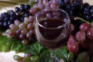Grape and wine on table