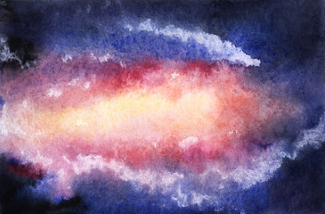 Abstract watercolor background on textured paper. Fiery glow dispeling swirling darkness. Galaxy in the middle of vast universe. Hand drawn illustration on space topic - 344761781