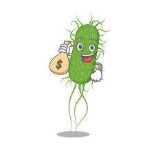 Rich e.coli bacteria cartoon design holds money bags