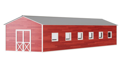 Red barn on a white background. Clipping path included. 3D rendering.