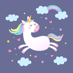 Vector illustration of a magic cute unicorn, stars, clouds and heart shapes on purple background