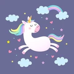 Wall murals Girls room Vector illustration of a magic cute unicorn, stars, clouds and heart shapes on purple background