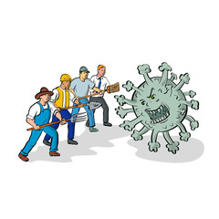 Cartoon style illustration of a farmer, construction worker, cleaner and office workers united together fighting an angry and aggressive covid-19 or corona virus cell on isolated white background.