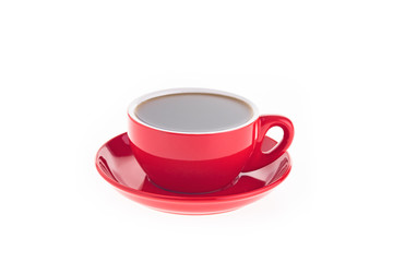 A red cup of tasty coffee isolated on white background