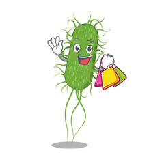 Rich and famous e.coli bacteria cartoon character holding shopping bags