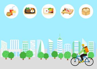 Fototapeta premium 自転車に乗っている配達員の男性と高層ビル群の風景 出前 デリバリー 宅食 料理