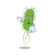 A cartoon character of e.coli bacteria waiter working in the restaurant
