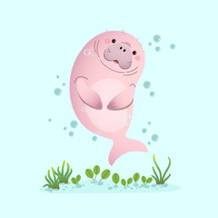 Vector illustration cute cartoon dugong swimming underwater with seagrass.
