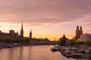 Cityscape of beautiful Zurich city in sunset time.