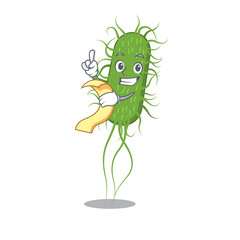 E.coli bacteria mascot character design with a menu on his hand