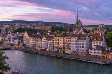 Dramatic view of Zurich at sunset in Switzerland.