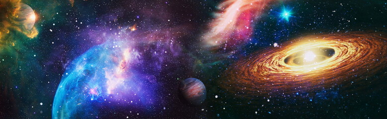 Stars of a planet and galaxy in a free space. Colored nebula and open cluster of stars in the universe. Elements of this image furnished by NASA.