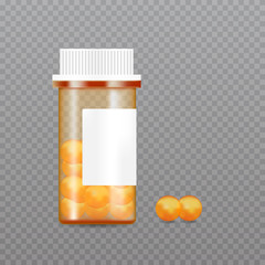 Realistic pills bottle.  Pharmaceutical product packaging mockup. Vector  illustration
