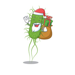 Cartoon design of e.coli bacteria Santa with Christmas gift