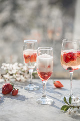 Sangria. Pink cocktail with champagne or prosecco and fresh raspberries for St. Valentine's day.