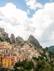 Fototapeta na wymiar Panoramic view of Castelmezzano, tipical italian little village on appenini mountains, province of Potenza, in the Southern Italian region of Basilicata