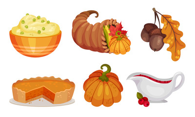 Thanksgiving Holiday Symbols and Attributes with Pumpkin Pie and Porridge Vector Set
