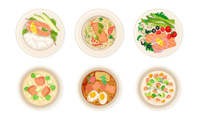 Dishes with Salmon or Trout Fish Garnished with Greenery Vector Set