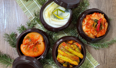 Korean white Kimchi on the wooden mat