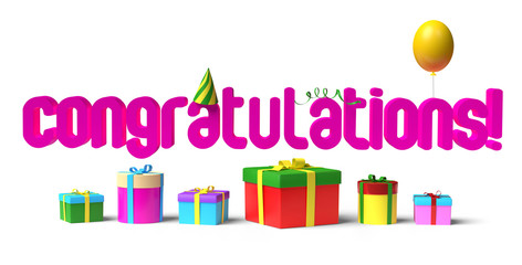 Congratulations text with bright colorful gift boxes and a balloon on white background. 3D illustration