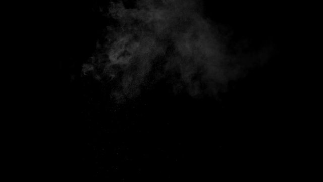 4K Dirty Hits, Dusty bullet hits on a wall with chunks of debris flying out . Powder explosion on black background. Impact dust particles.