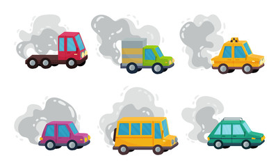 Cars on the Road Throwing Out Smoke Vector Set