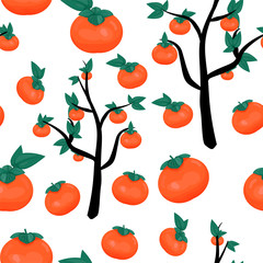 Seamless pattern with persimmons tree and fruits. Suitable for wallpaper or print on fabric.