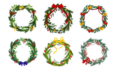 Christmas or Advent Wreaths with Entangled Fir Tree Branches and Decorative Bows and Ribbons Vector Set