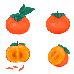 set of ripe persimmon fruits in different angles isolated on a white background