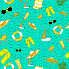 Naklejka na ściany i meble Cute seamless pattern with yellow boats, a lifebuoy, glasses and a towel on a background with waves. Marine wrapping paper, textile design in vector.