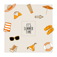 Vector beige Doodle of summer holidays.
Beach accessories swimsuit, flip flops, cream, umbrella, hat, towel.