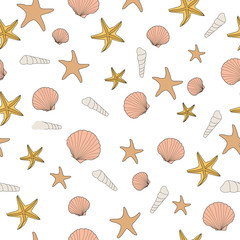 Beige seashells on a white background. Summer theme. Seamless print for wrapping paper, fabric, cards. 