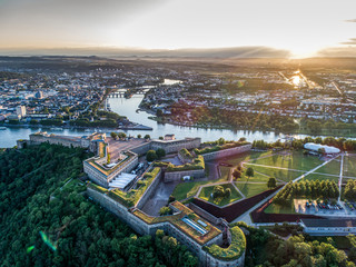 Aerial View of Ehrenbreitstein fortress and Koblenz City in Germany during sunset