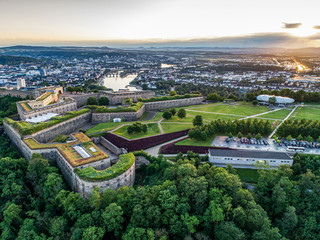 Aerial View of Ehrenbreitstein fortress and Koblenz City in Germany during sunset