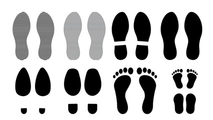 Footprints human silhouette, vector set, isolated on white background. Shoe soles print. Foot print tread, boots, sneakers. Impression icon barefoot.