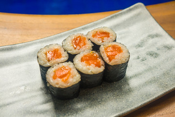 delicious and delicate dish of Japanese sushi rolls on beautiful slate set up in traditional healthy Asian food and creative oriental dining concept - Japan gourmet cuisine