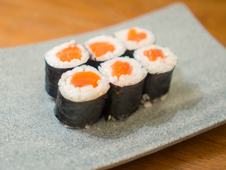 delicious and delicate dish of Japanese sushi rolls on beautiful slate set up in traditional healthy Asian food and creative oriental dining concept - Japan gourmet cuisine