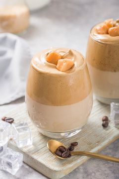  Dalgona Frothy Coffee is a South Korean drink with whipped instant coffee, sugar and milk, ice, caramel