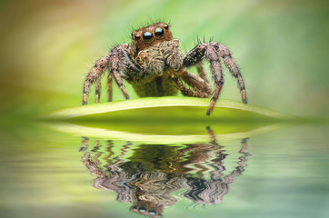 jumping spider reflected on water