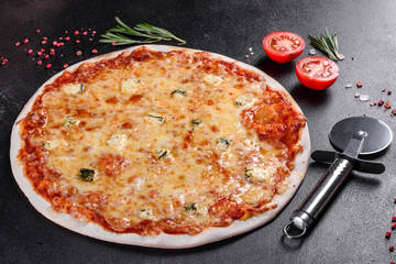 Delicious fresh oven cooked pizza four cheeses