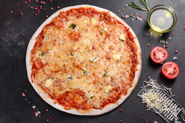 Delicious fresh oven cooked pizza four cheeses