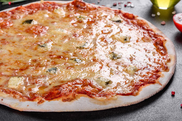 Delicious fresh oven cooked pizza four cheeses