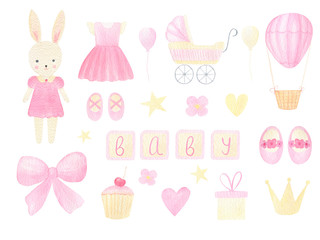 It's a girl watercolor clip art isolated on white background. Baby shower hand painted elements. Happy birthday little baby. For invitation, card, announcement, birthday decoration. Cute bunny girl.