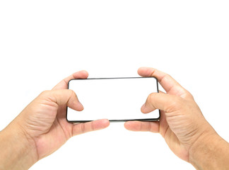Human hand holding a virtual cell phone is playing game or watching movie