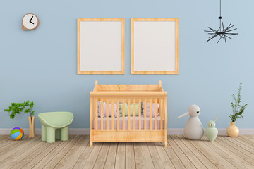 Fototapeta na wymiar baby room with wooden cot 3d rendering