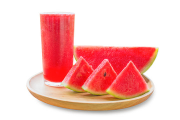 Healthy watermelon smoothie and a watermelon slice on a wooden tray on a white background